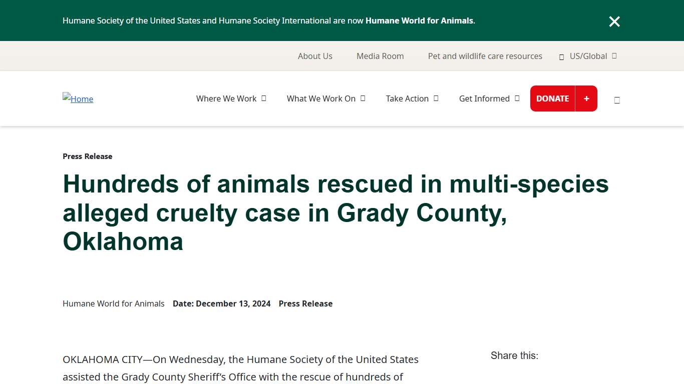 Hundreds of animals rescued in multi-species alleged cruelty case in Grady County, Oklahoma | Humane World for Animals